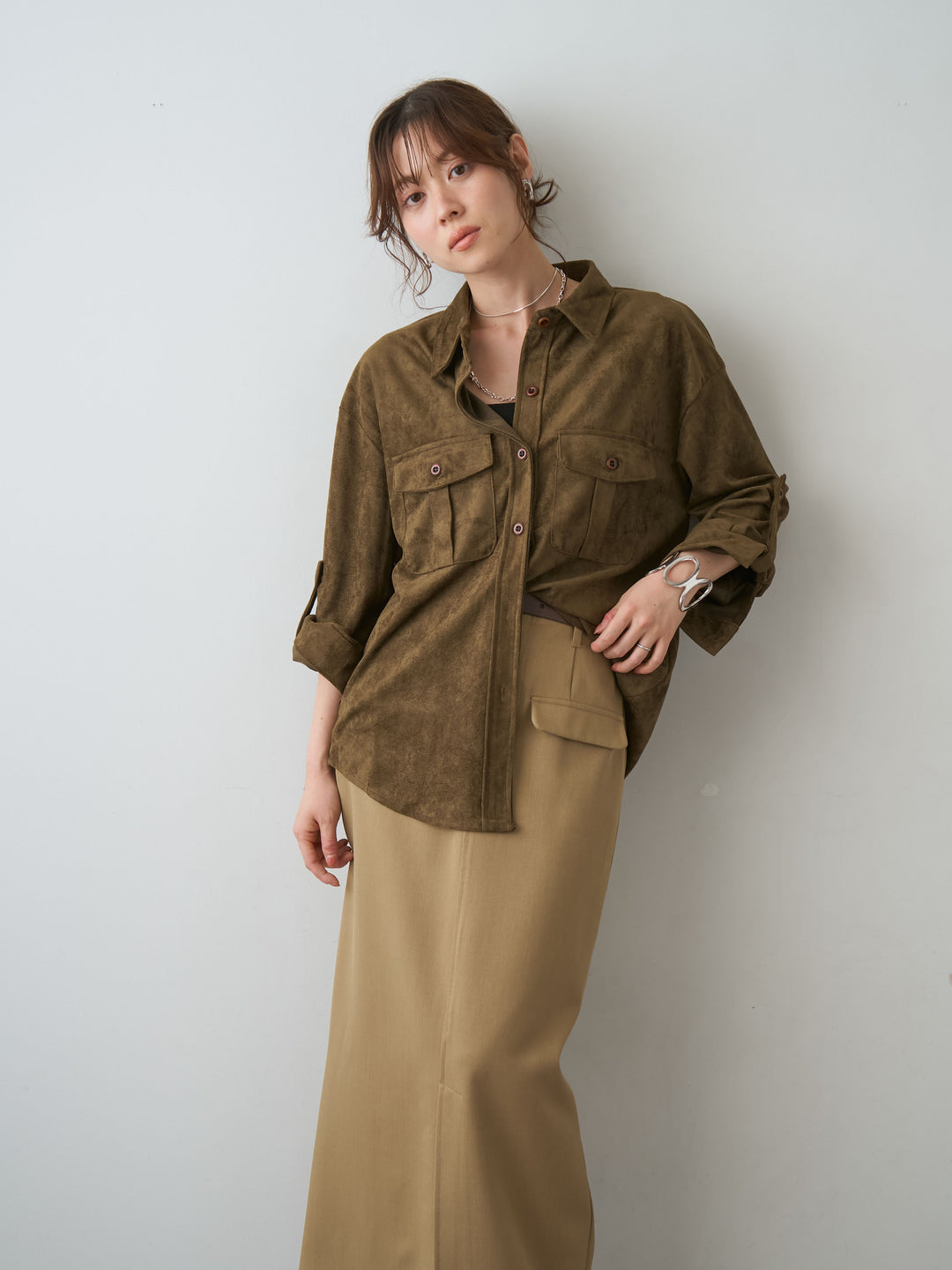 [予約]スウェードタッチWポケットシャツ/khaki