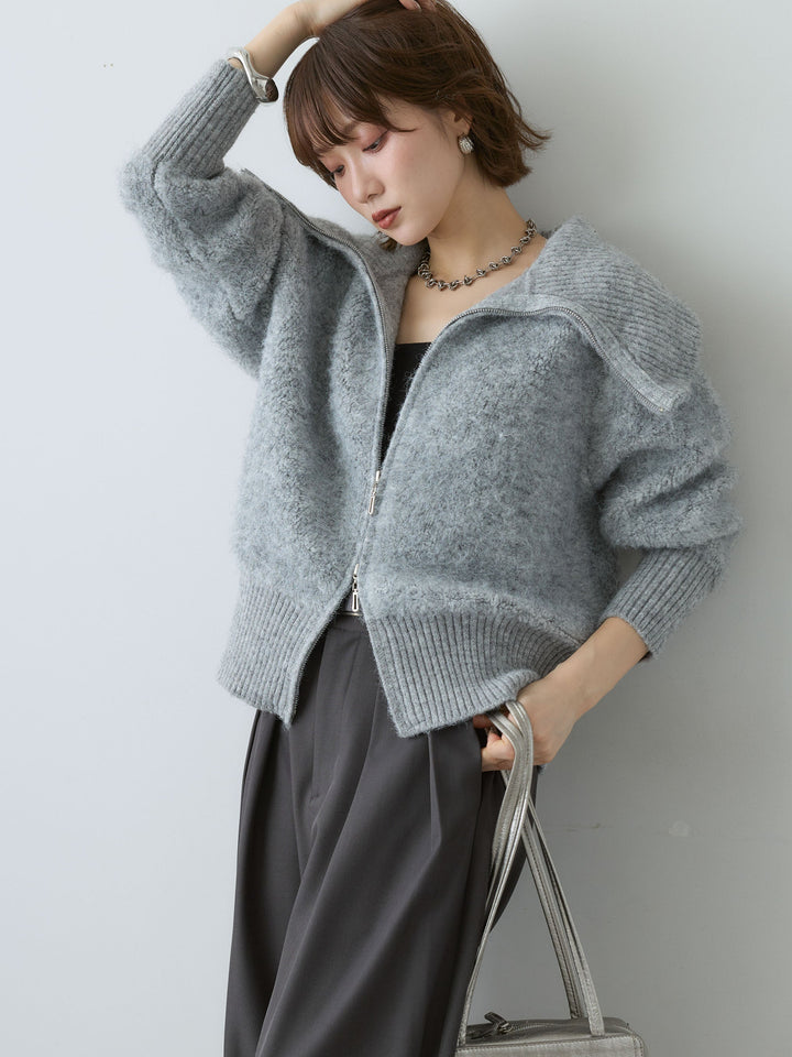 [SET]ビッグカラーシャギーニットブルゾン+ツイルタックワイドパンツ(2set)