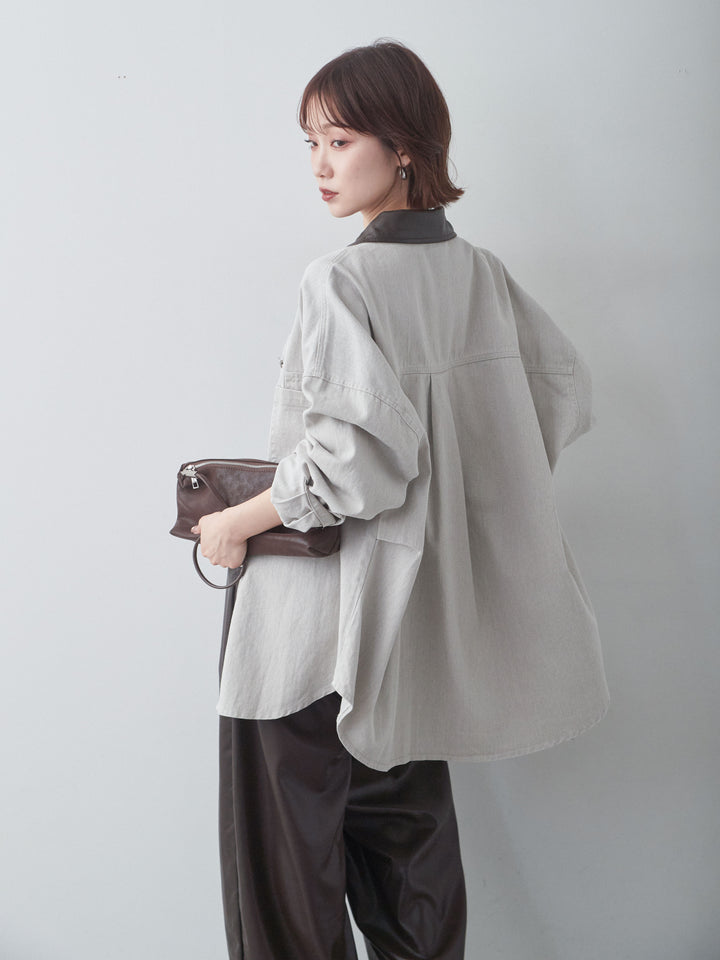 [予約]レザーカラーデザインポケットオーバーシャツ/white