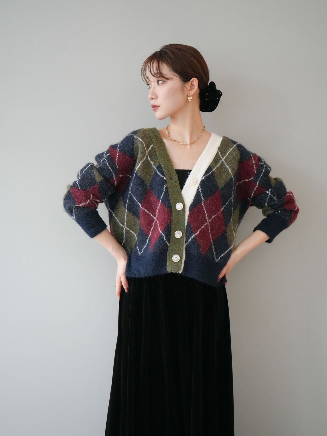 [予約]配色アーガイル柄ニットカーディガン/green