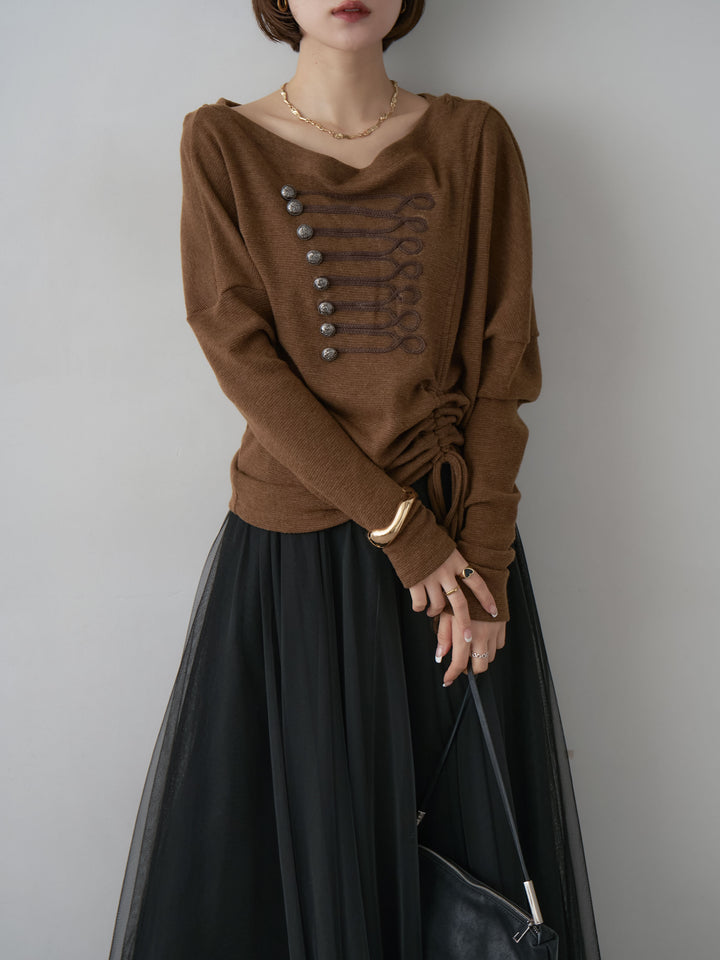 [予約]ナポレオンサイドギャザーワイドネックトップス/brown