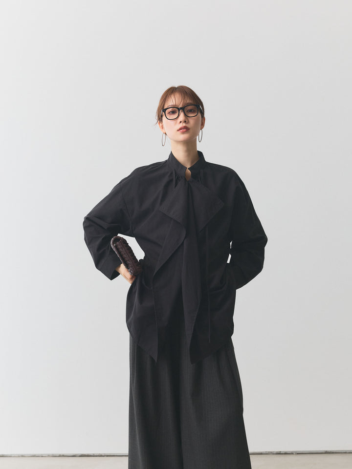 【Allure】[SET]ピーチスキンデザインネックオーバーシャツ+ウールライクストライプワイドパンツ(2set)