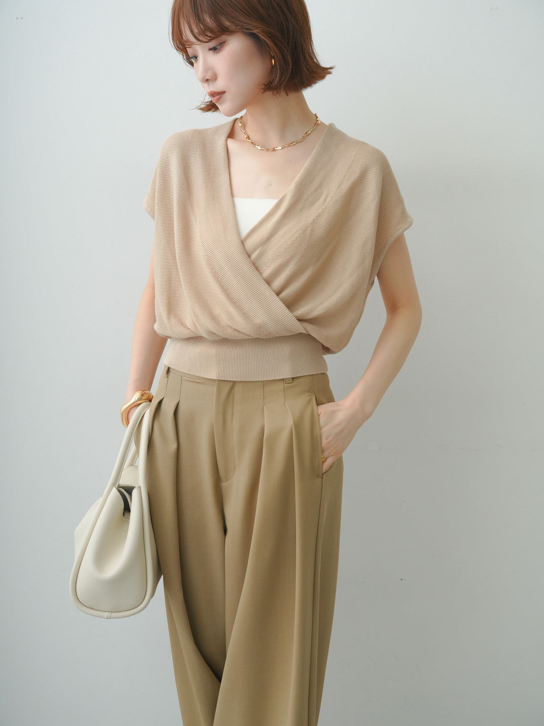 [予約]カシュクールフレンチニットトップス/beige