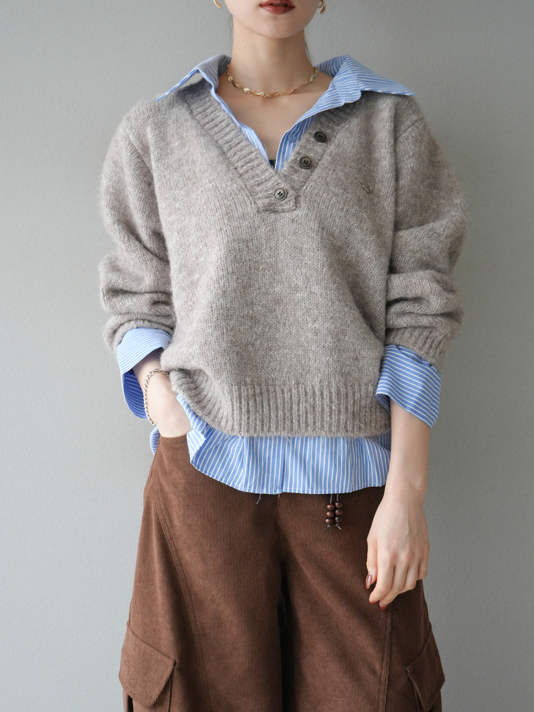 [予約]ストライプシャツドッキングMIXヤーンニットプルオーバー/beige