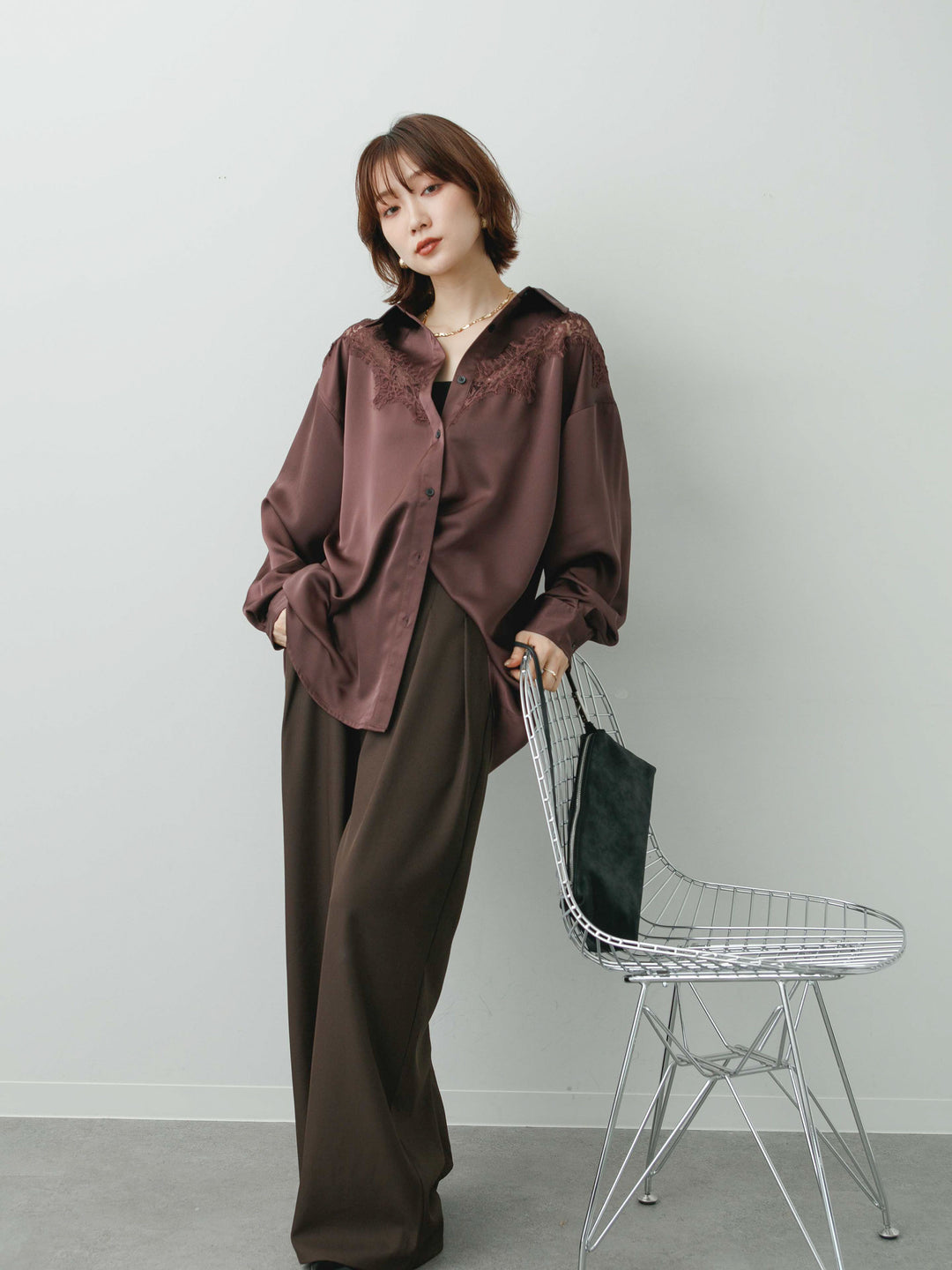 [SET]サテンレース切り替えシャツ+ツイルタックワイドパンツ(2set)
