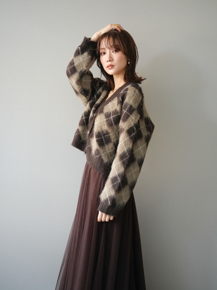 [予約]アーガイルシャギーニットカーディガン/brown