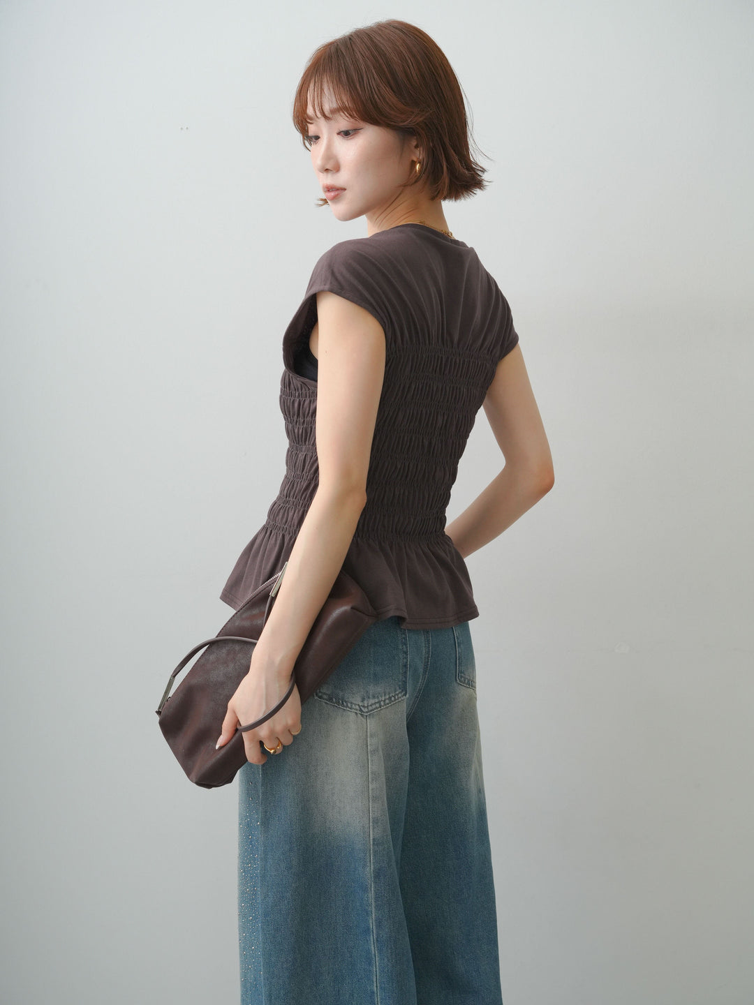 [予約]フレンチスリーブシャーリングトップス/brown