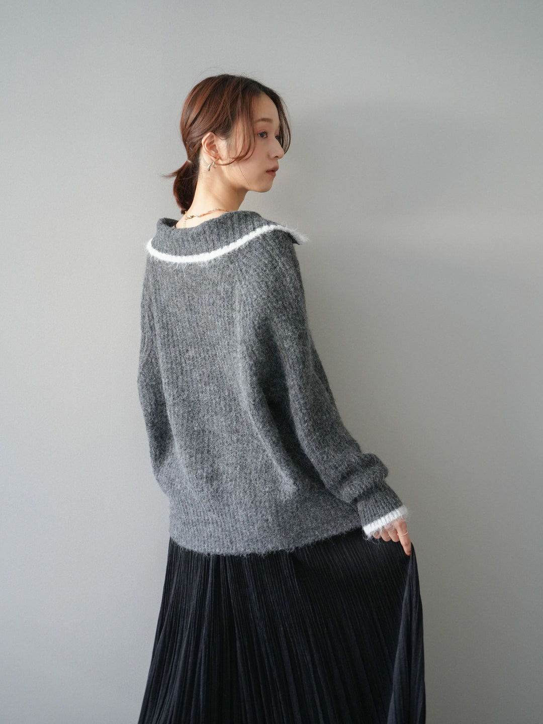 [予約]襟付きバイカラーミックスニットカーディガン/gray