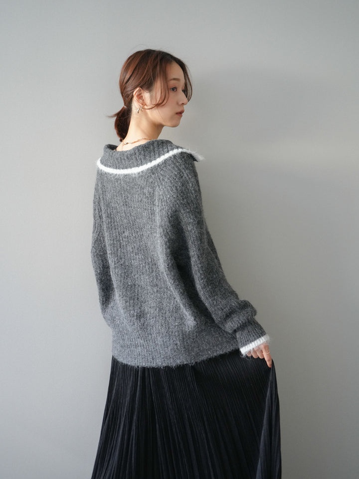 [予約]襟付きバイカラーミックスニットカーディガン/gray