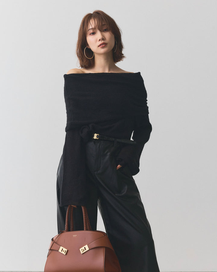 【Allure】[SET]オフショルシアーニットプルオーバー+レザータックセミワイドパンツ(2set)