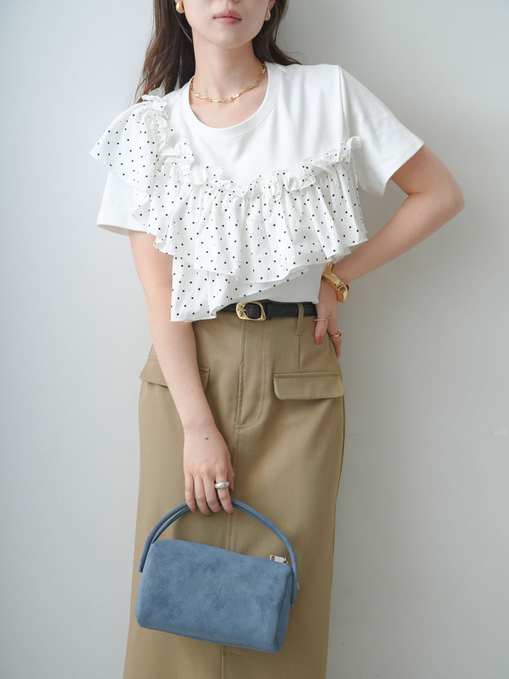 [SET]ドットギャザーフリルデザインTEE+クレープデシンフラップ付きストレートスカート(2set)