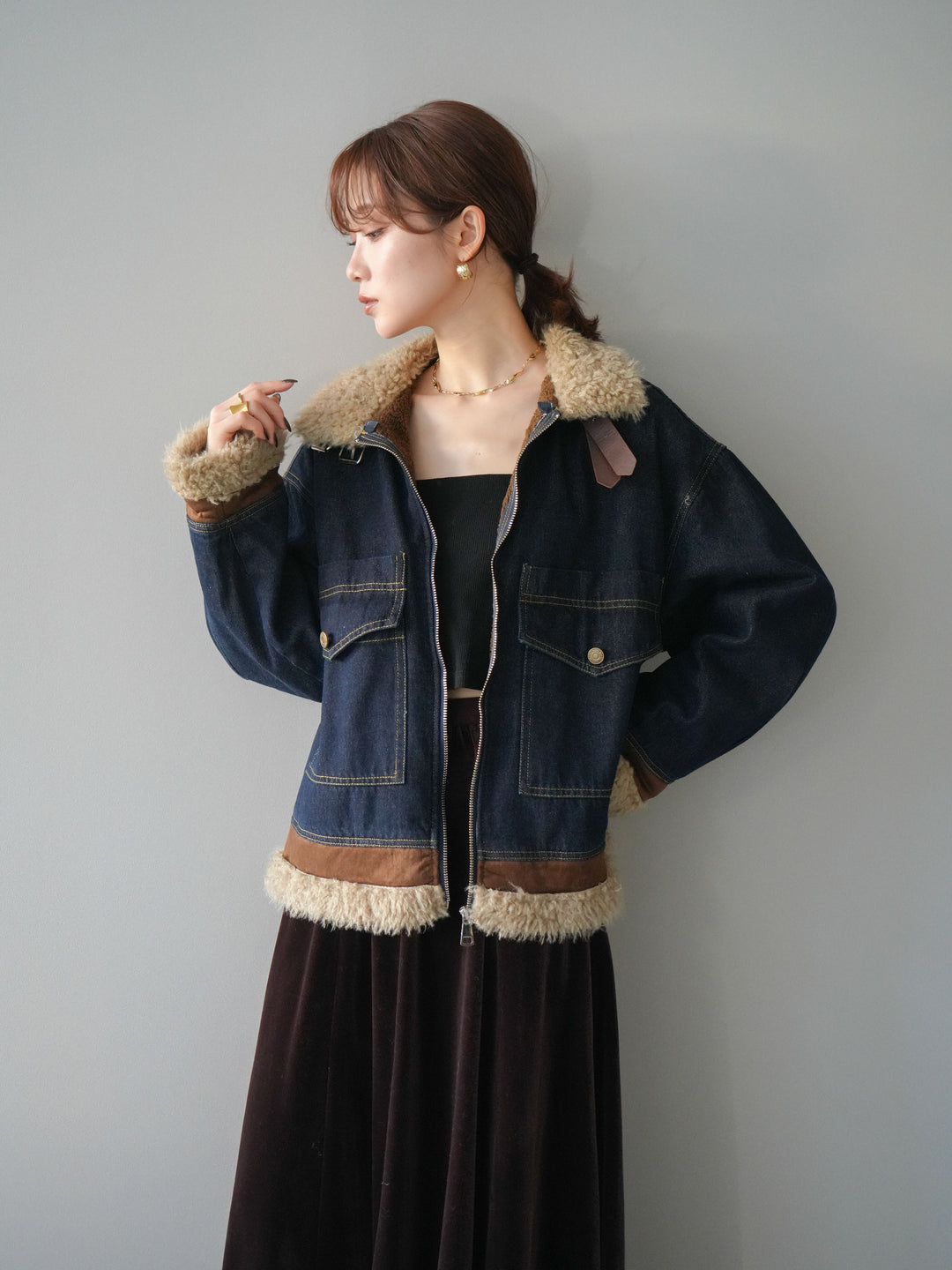 [予約]スタンドカラーファー×デニムジャケット/indigo
