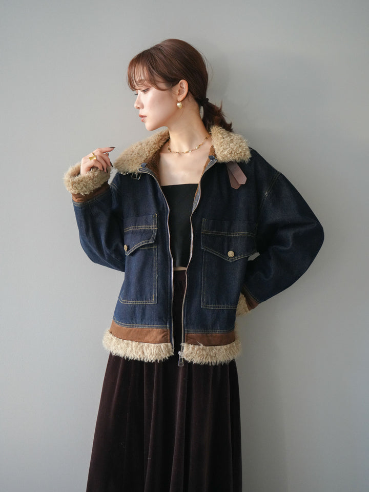 [予約]スタンドカラーファー×デニムジャケット/indigo