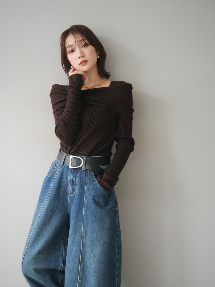 [予約]リボンモチーフオフショルリブニットトップス/brown