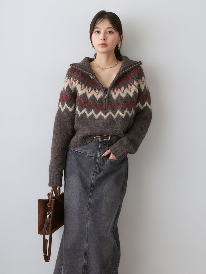 [予約]ノルディックハーフジップニットトップス/brown