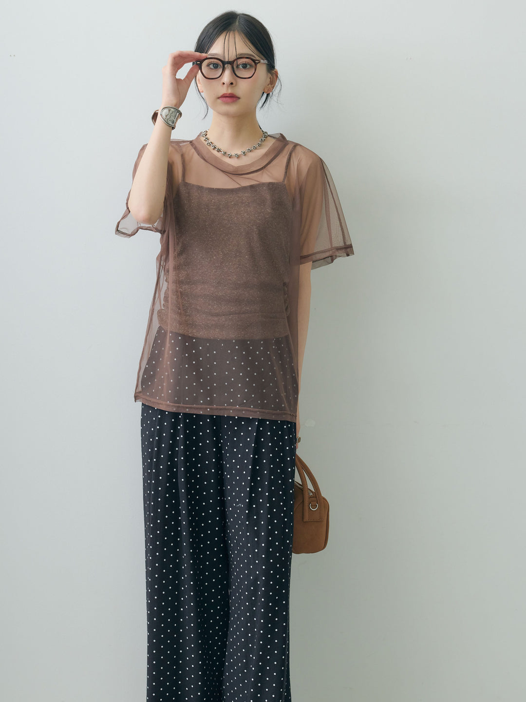 [SET]インナーキャミ付シアーオーバーTEE+ドットワイドイージーパンツ(2set)