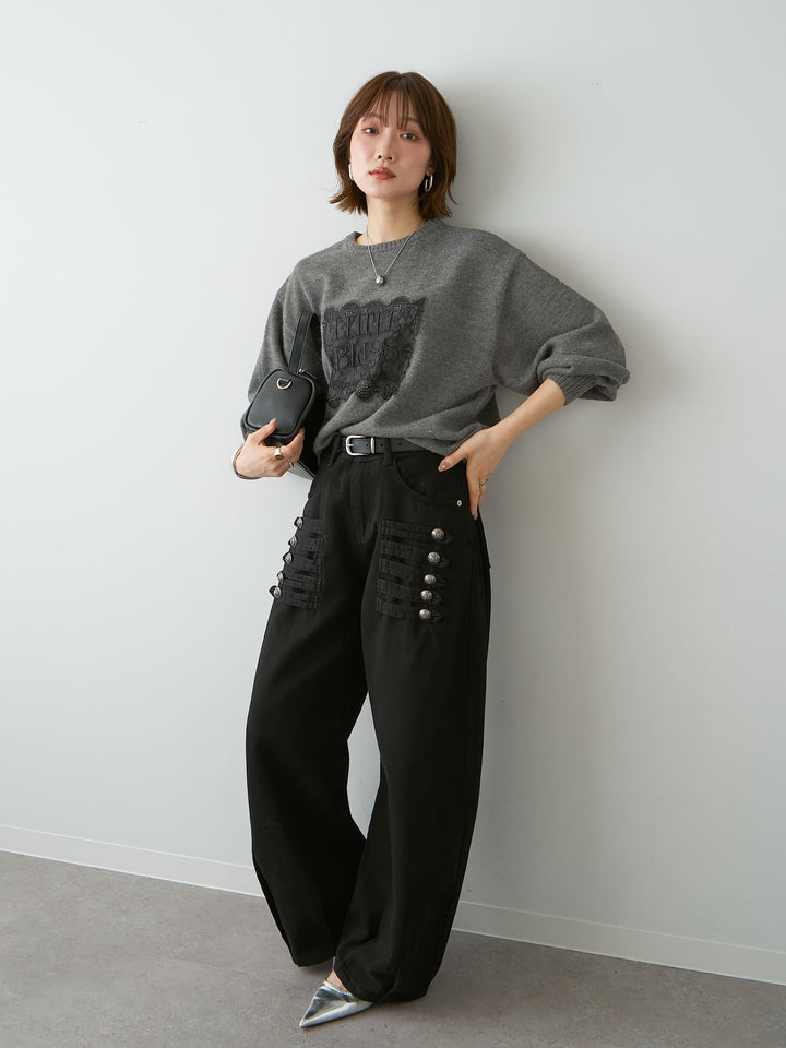 [SET]アルパカタッチ刺繍レースロゴニットプルオーバー+ナポレオンコットンカーブパンツ(2set)