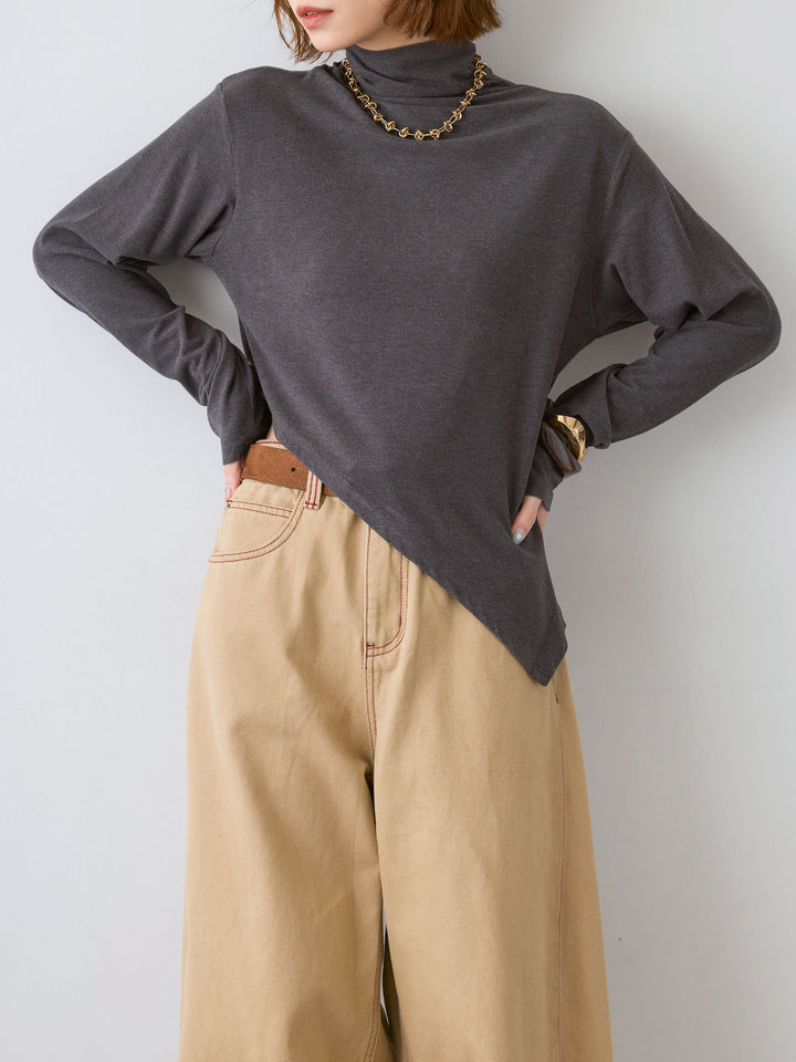 [SET]モックネックアシメヘムトップス+カラーステッチワイドパンツ(2set)