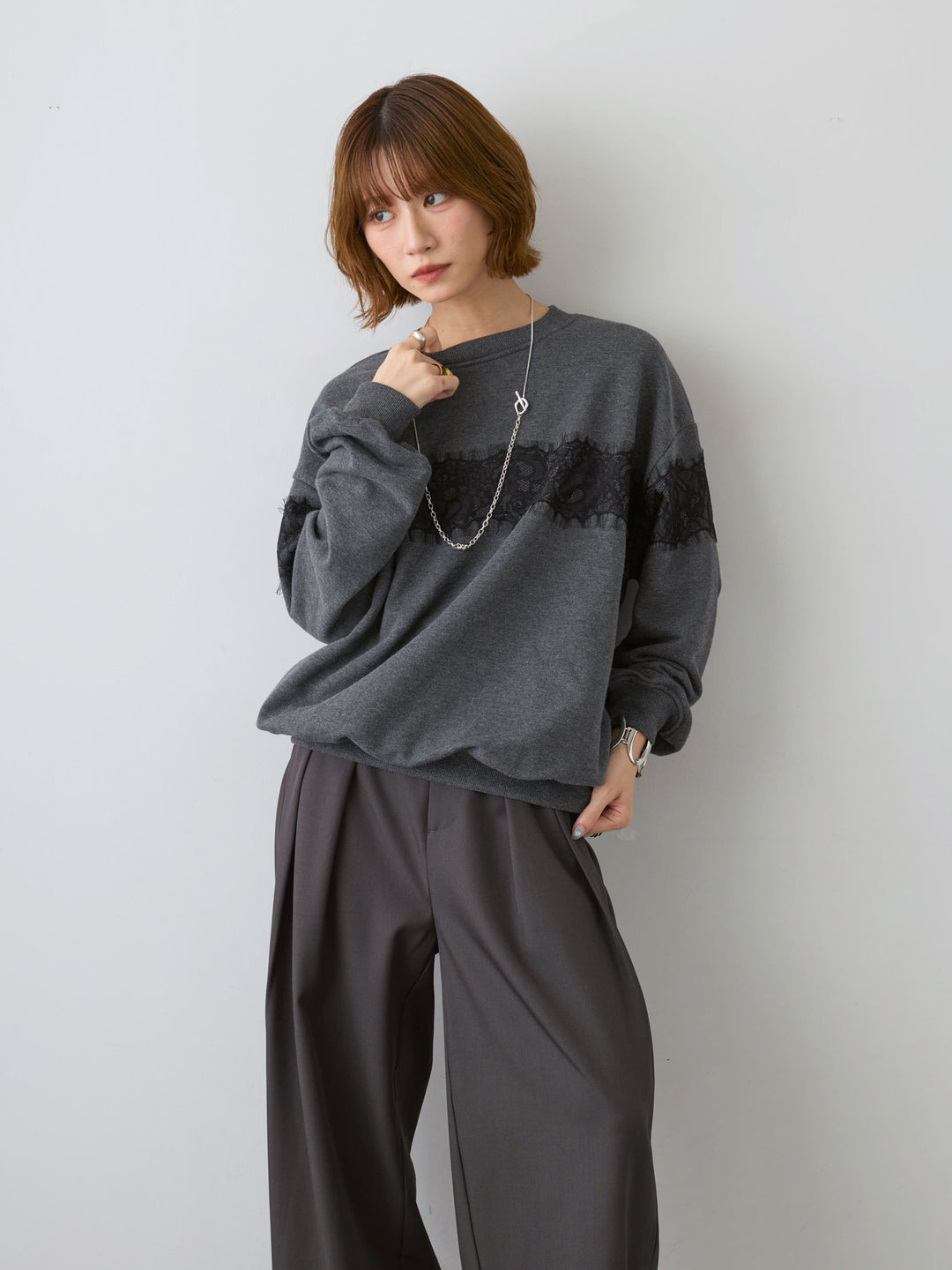 [SET]裏毛レースドッキングプルオーバー+ツイルタックワイドパンツ(2set)