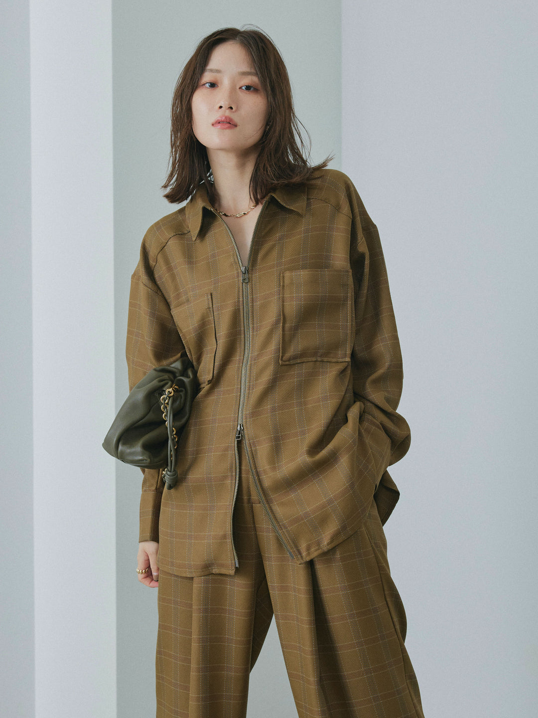 【Allure】[SET]杢チェックZIPシャツジャケット+杢チェックZIPシャツジャケット(2set)