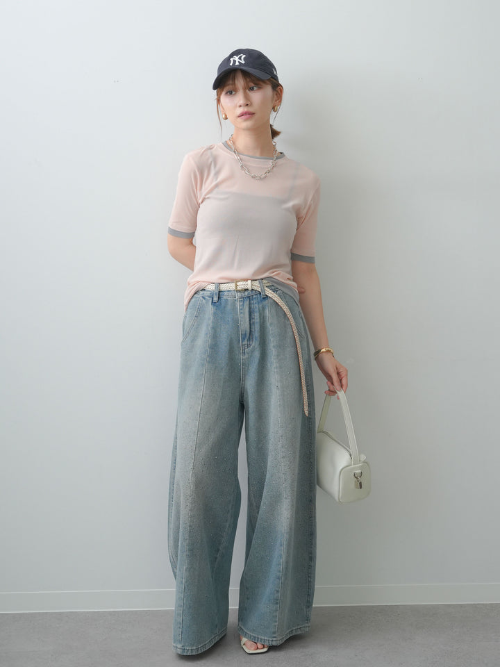 [SET]トリムレイヤードシアー半袖トップス+フロントビジューカーブデニムパンツ(2set)