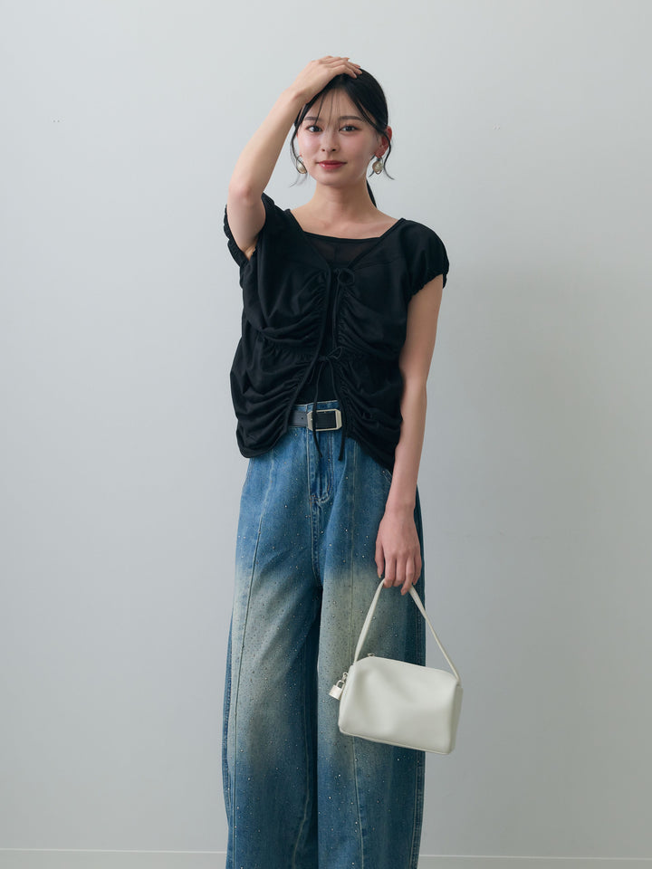 [SET]フレンチスリーブフロントリボンギャザートップス+フロントビジューカーブデニムパンツ(2set)