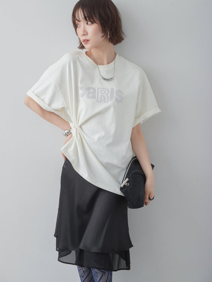 [SET]スタッズロゴTEE+サテンシフォンレイヤードスカート(2set)