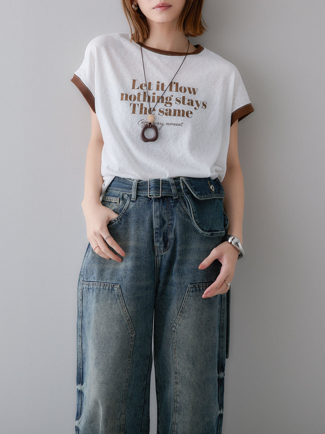 [SET]シアースラブバイカラーフレンチTEE+マルチポーチ付立体カーブデニム(2set)