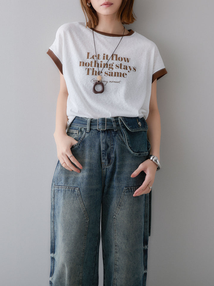 [SET]シアースラブバイカラーフレンチTEE+マルチポーチ付立体カーブデニム(2set)