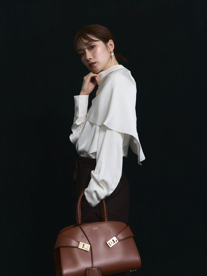 【Allure】[SET]ケープ付サテンシャツ+ウールライクストライプワイドパンツ(2set)