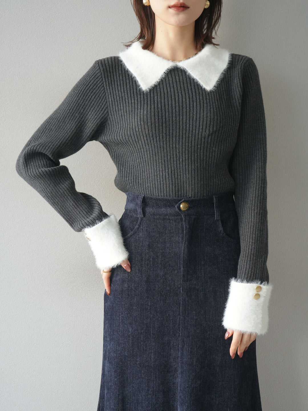 [SET]シャギー襟リブニットトップス+ベルベットマーメイドスカート(2set)