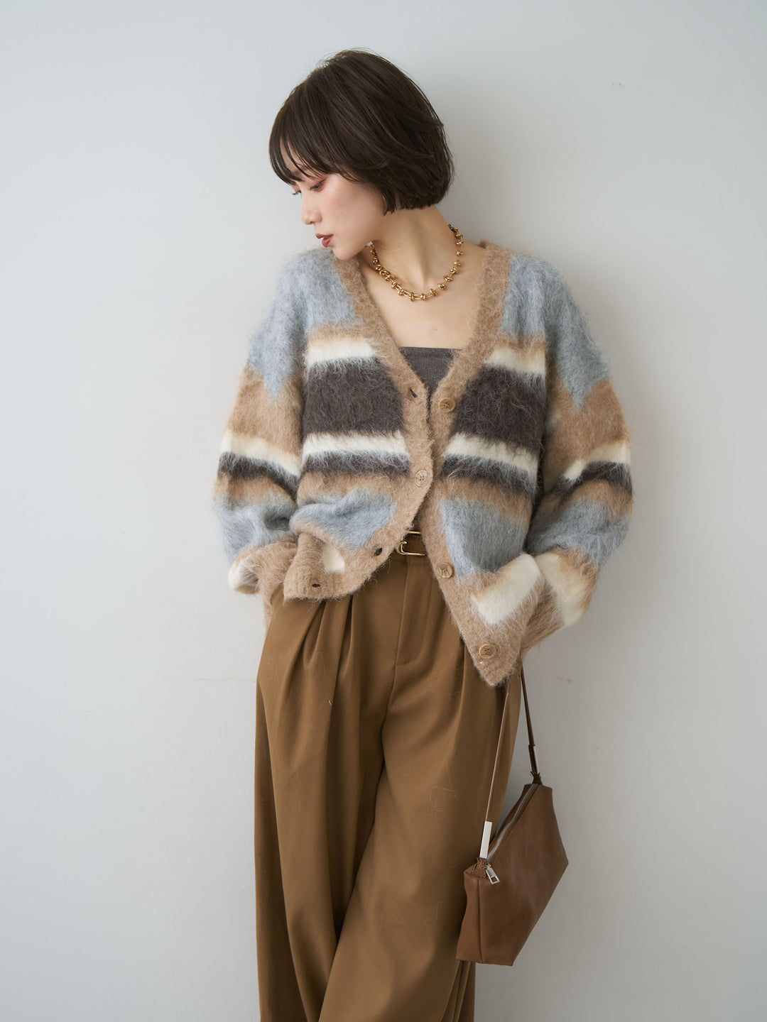 [SET]カラフルシャギーボーダーカーディガン+ダブルタックドレープストレートワイドパンツ(2set)