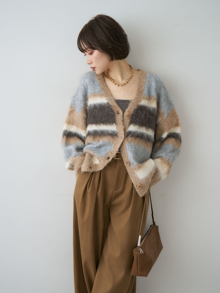 [SET]カラフルシャギーボーダーカーディガン+ダブルタックドレープストレートワイドパンツ(2set)