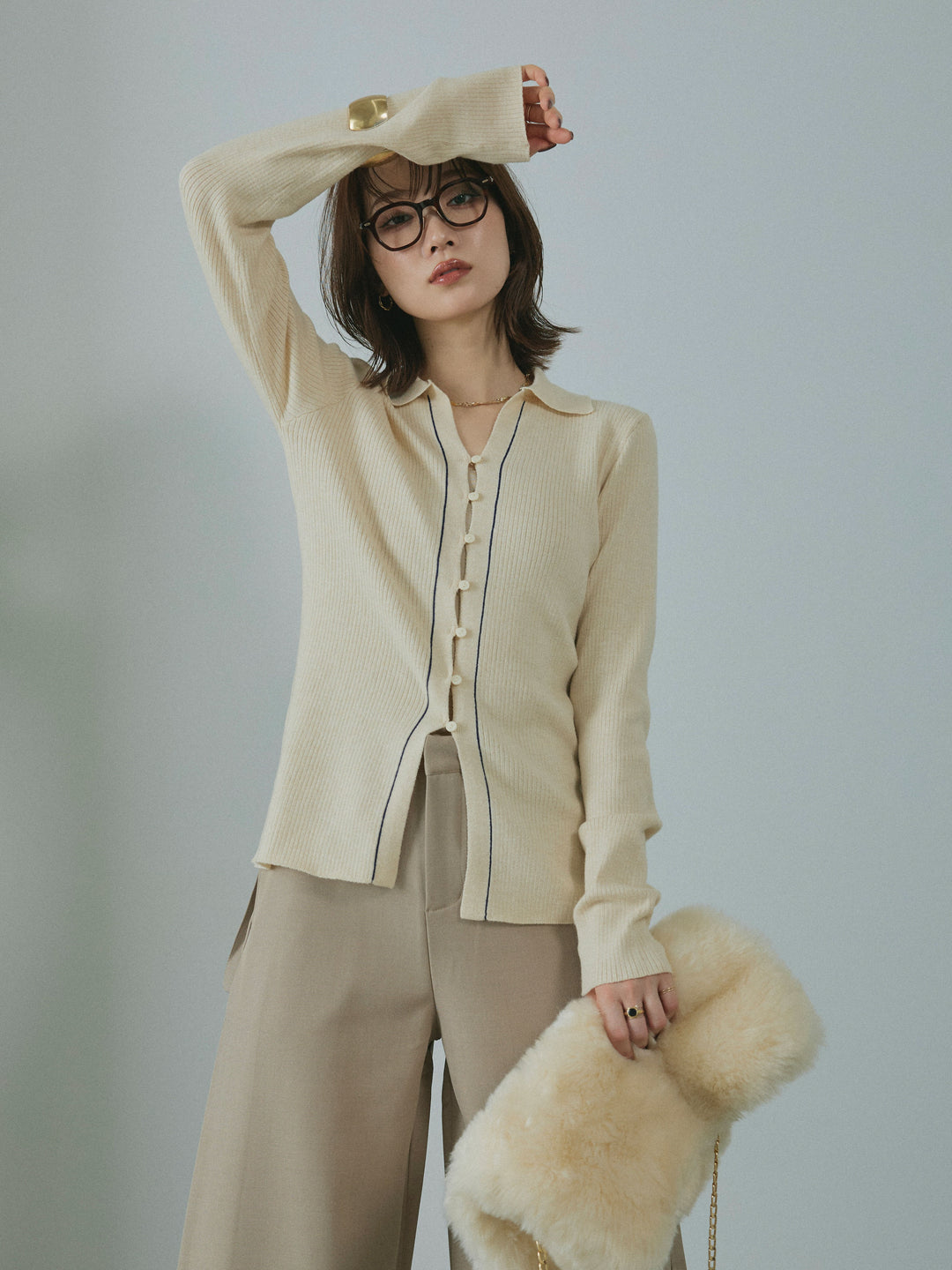 【Allure】[SET]リブ配色ラインポロニットカーディガン+サイドタックワイドパンツ(2set)