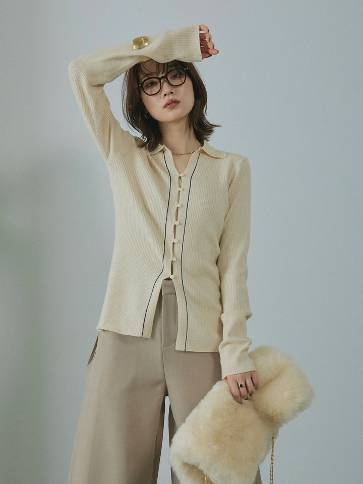 【Allure】[SET]リブ配色ラインポロニットカーディガン+サイドタックワイドパンツ(2set)