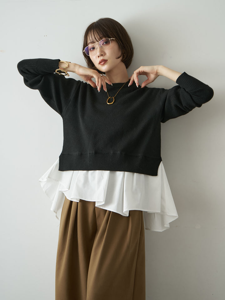[予約]アシンメトリーシャツレイヤードニットプルオーバー/black