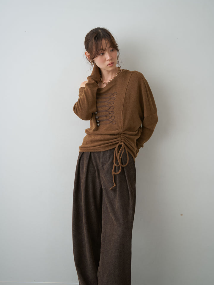 [予約]ナポレオンサイドギャザーワイドネックトップス/brown