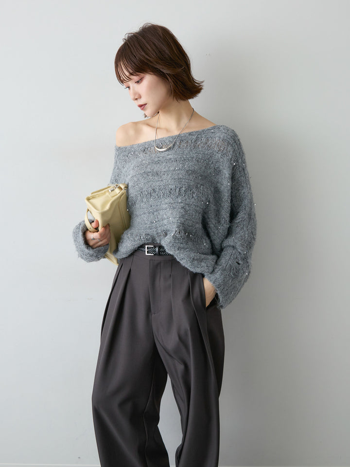 [予約]ミックス透かし編ワイドネックニットトップス/gray