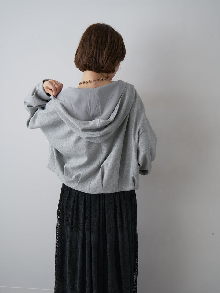 [SET]タックギャザースウェットフーディー+カップ付テレコリブベアキャミソール+ベロアレースドレープフレアスカート(3set)