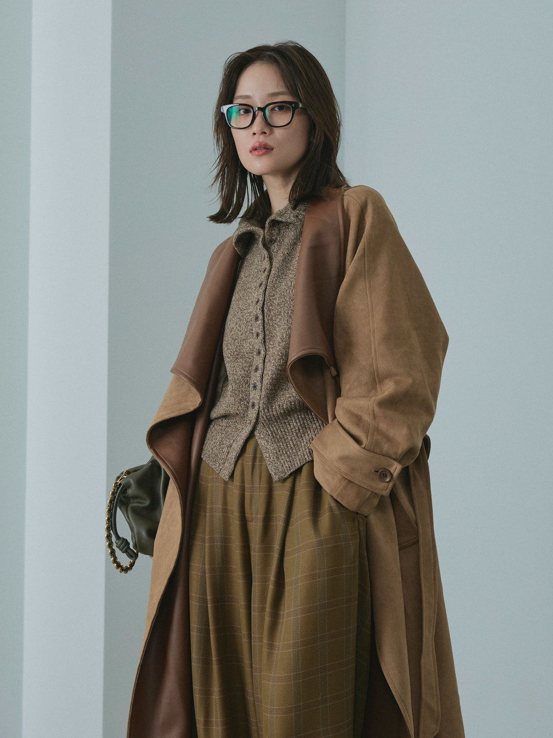 [予約]レザーカラースウェードロングコート/beige