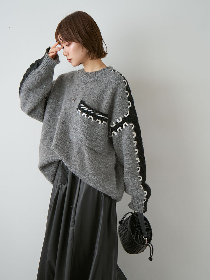 [SET]ハンドステッチデザインニットトップス+レザータッチフレアスカート(2set)