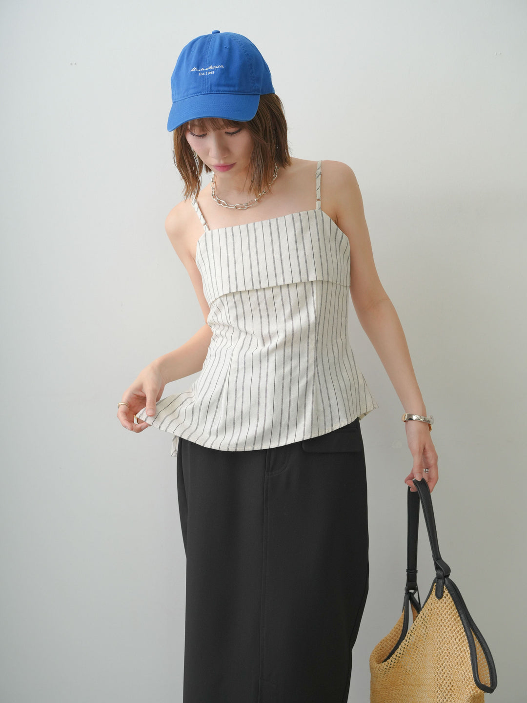 [SET]ストライプアシメキャミソール+クレープデシンフラップ付きストレートスカート(2set)