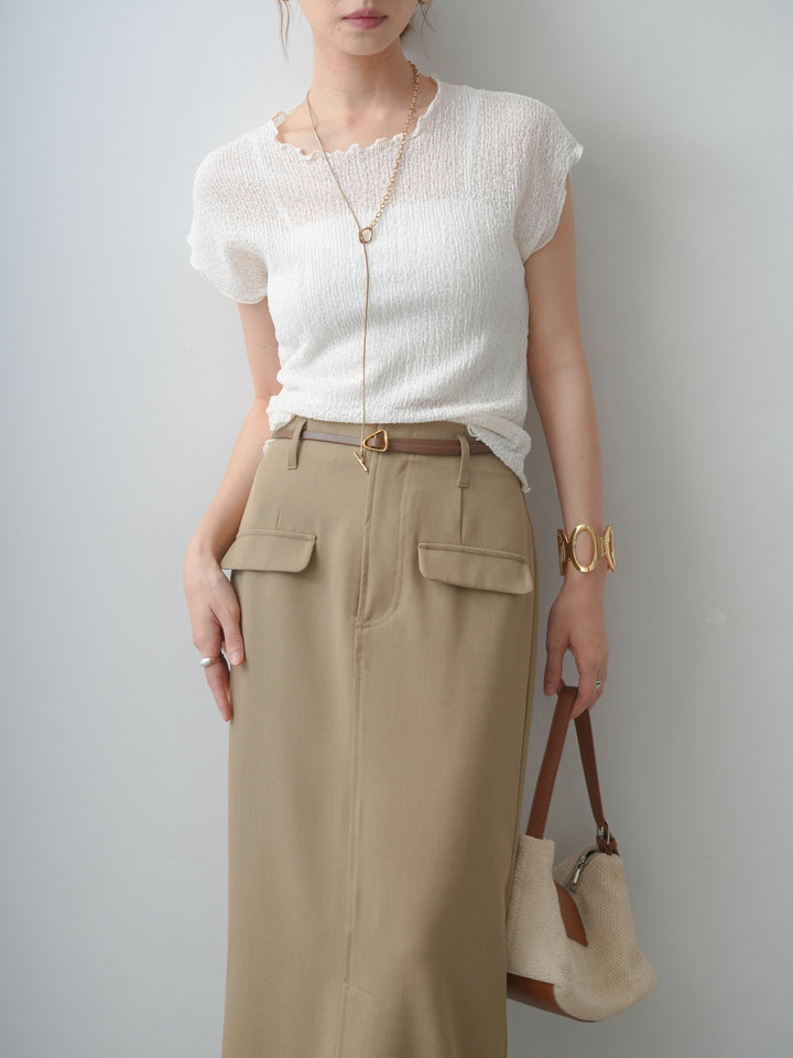 [SET]シャーリングシアーバックオープンフレンチトップス+クレープデシンフラップ付きストレートスカート(2set)