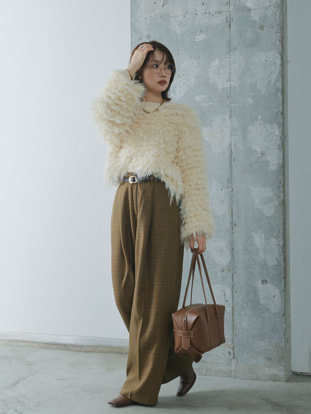 【Allure】[SET]ミックスシャギーループニットプルオーバー+杢チェックタックパンツ(2set)