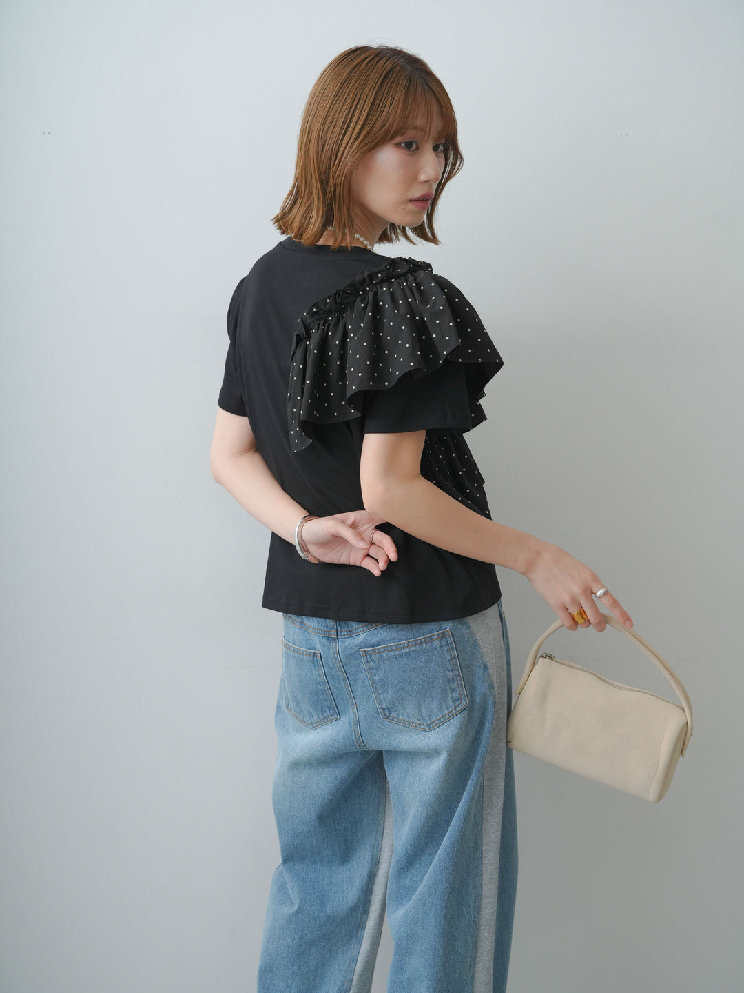 [SET]ドットギャザーフリルデザインTEE+デニム切替スウェットパンツ(2set)