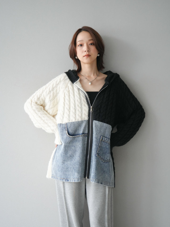 [予約]デニム×バイカラーニットZIPフーディ/black