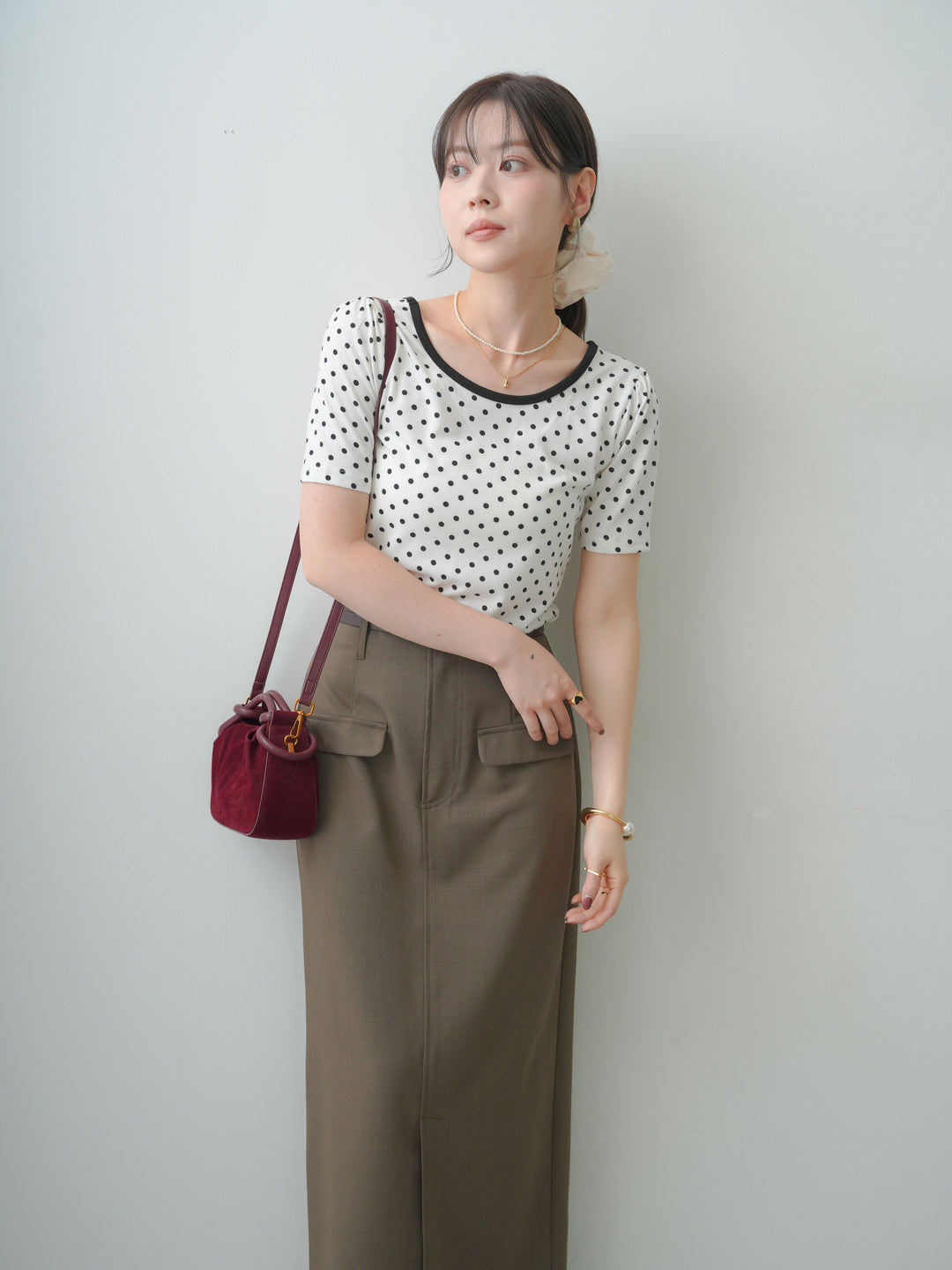 [SET]前後2wayドットバイカラーパイピングTEE+クレープデシンフラップ付きストレートスカート(2set)