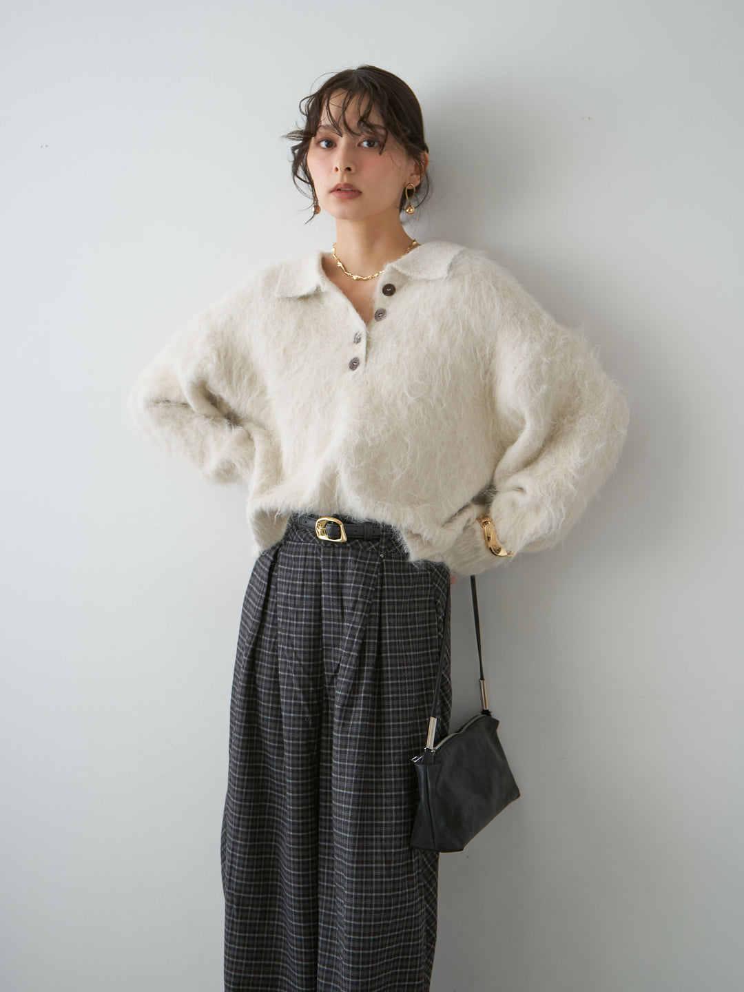 [SET]ヘンリーシャギーニットトップス+チェックタックワイドパンツ(2set)