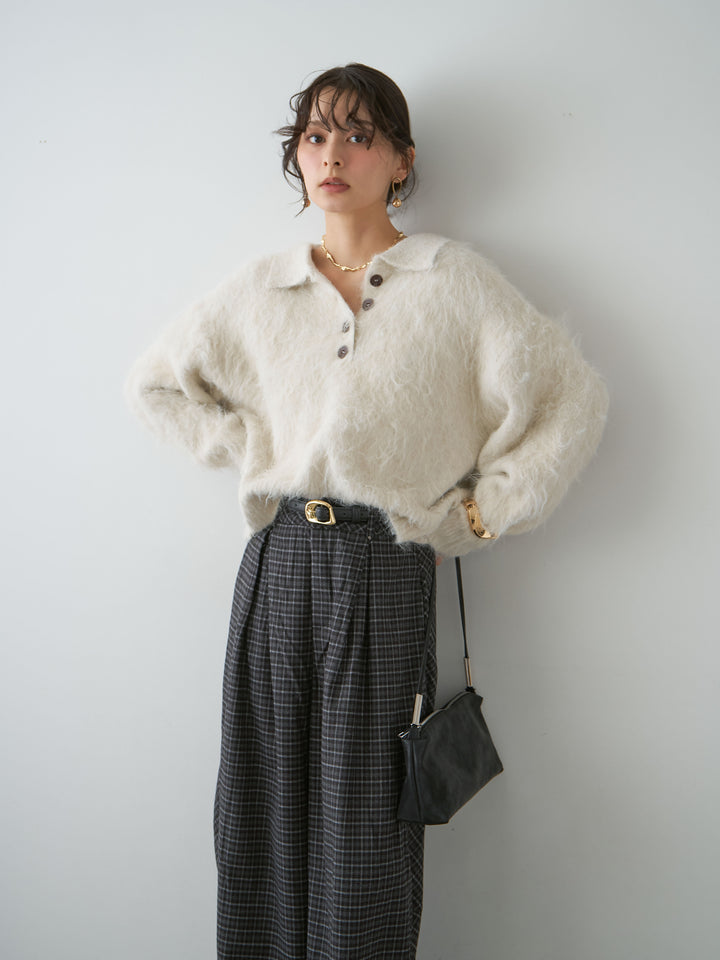 [SET]ヘンリーシャギーニットトップス+チェックタックワイドパンツ(2set)