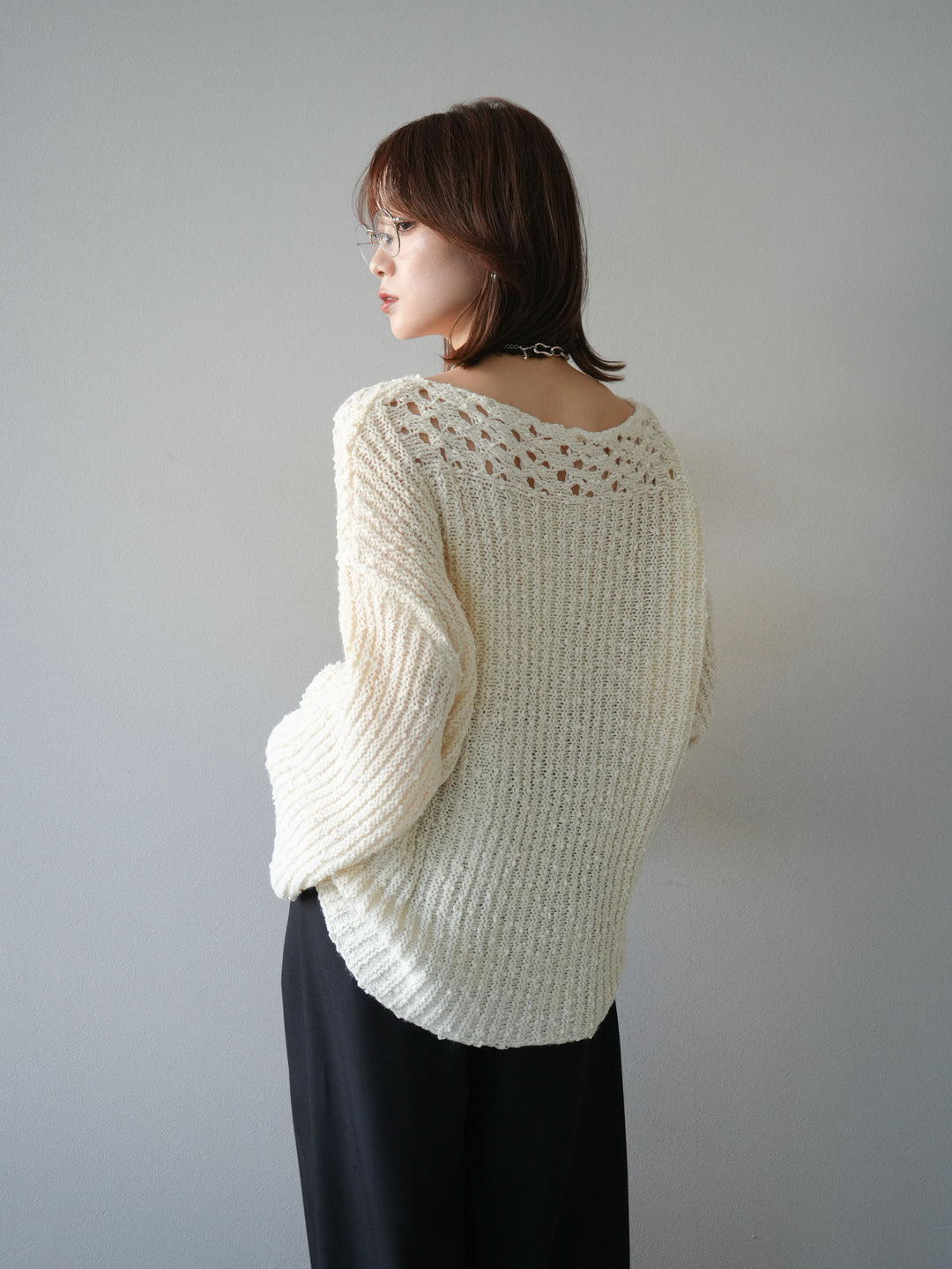 [予約]ボートネック透かし編みニットプルオーバー/white